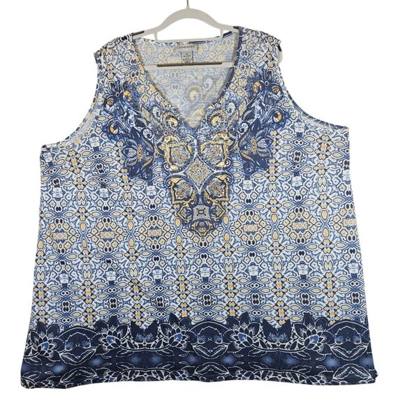 Catherines Womens 26 Blue  Yellow geometric Top With Embellished Beachy Casual - Picture 1 of 10